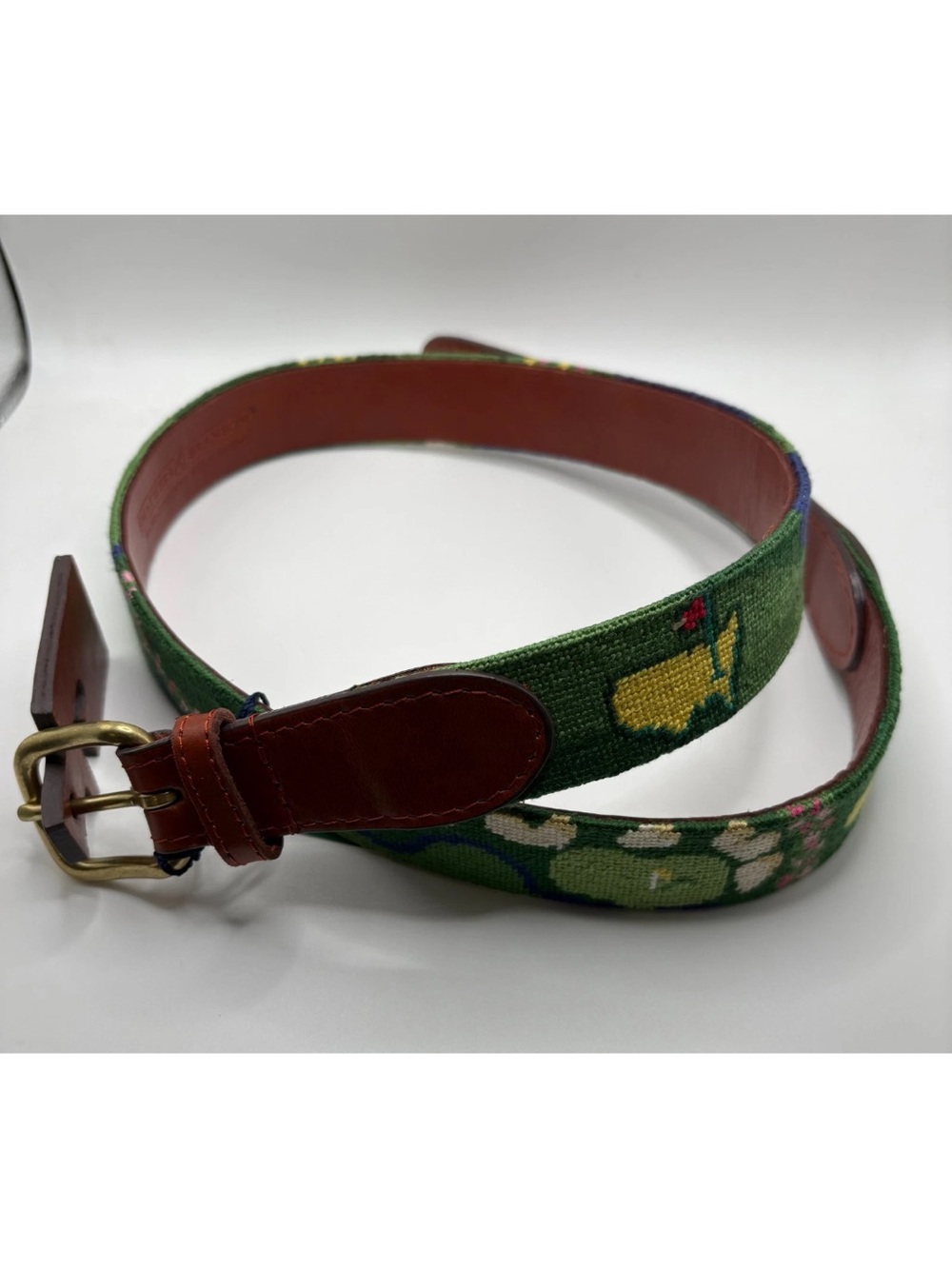 Needlepoint Floral & Cup Green Leather-Trim Belt